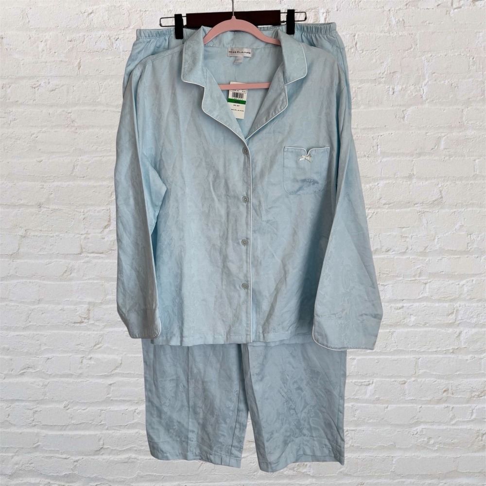 Miss Elaine Pajama Set Womens Aqua Large Blue Jacquard 2 Piece Sleepwear 406111